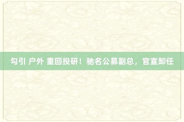 勾引 户外 重回投研！驰名公募副总，官宣卸任